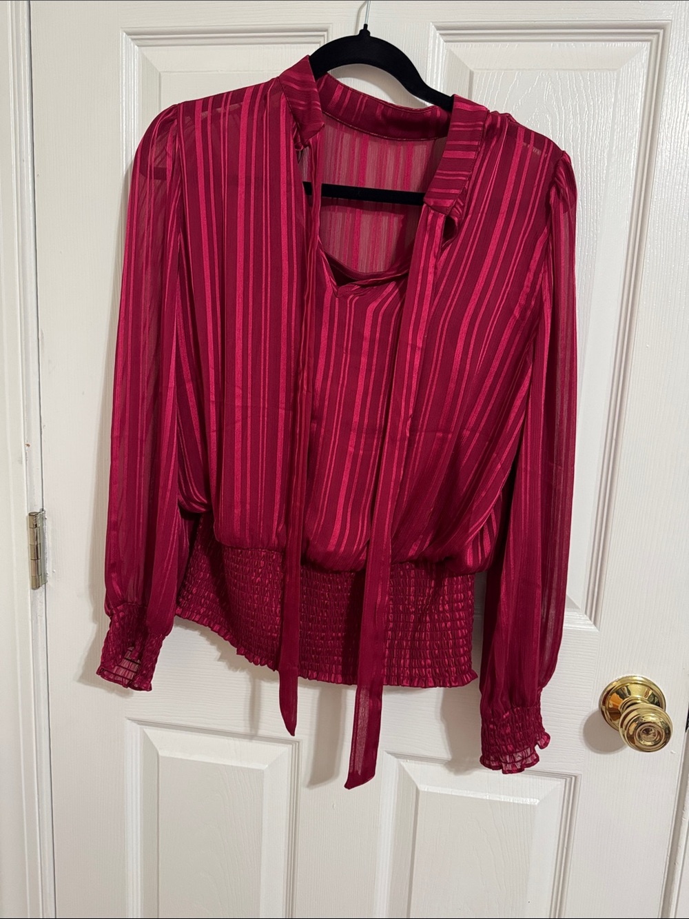 Tie-Neck Long-Sleeve Blouse in Deep Fuchsia